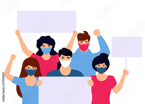 Protesting activists in protective masks with placards. Fight for human rights. Protest against violence