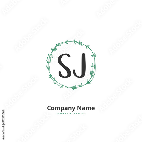 S J SJ Initial handwriting and signature logo design with circle. Beautiful design handwritten logo for fashion, team, wedding, luxury logo.