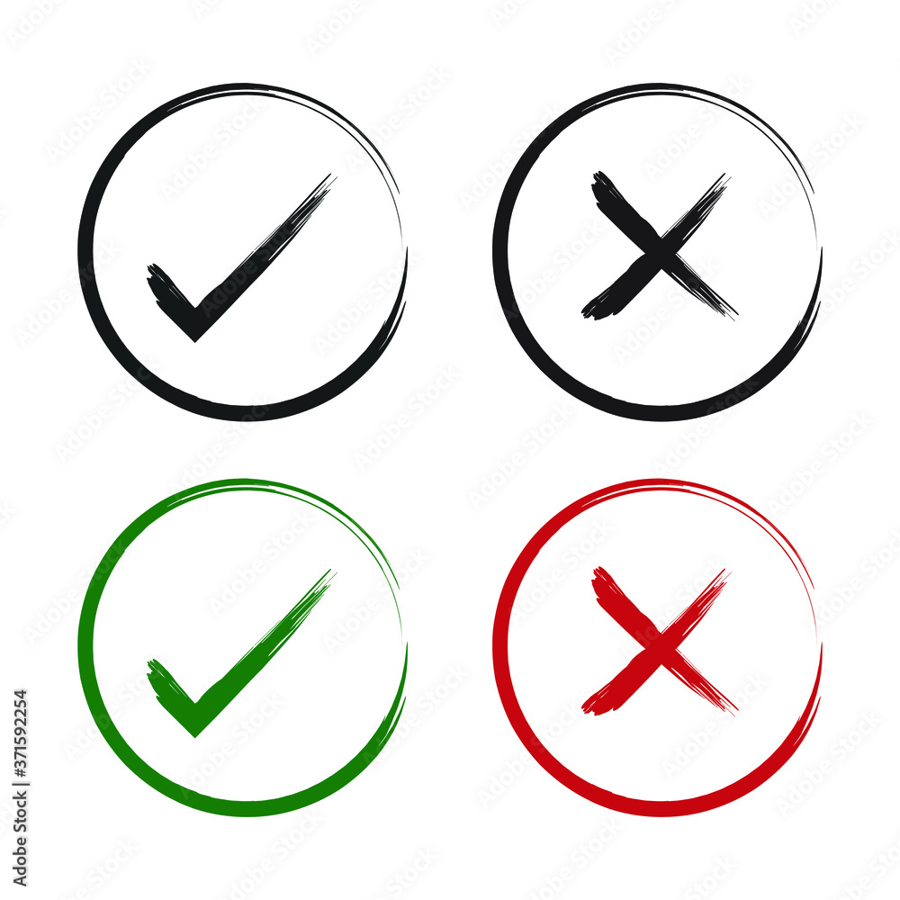 Check mark vector icon set. Paintbrush and ink style texture. Right and wrong symbol. Approved and denied checkmark sign. Correct and incorrect button. Isolated on white background. Check mark vector icon set. Paintbrush and ink style texture. Right and wrong symbol. Approved and denied checkmark sign. Correct and incorrect button. Isolated on white background.