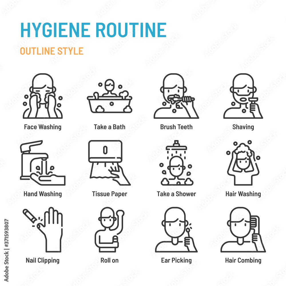 Hygiene Routine in outline icon and symbol set Hygiene Routine in outline icon and symbol set