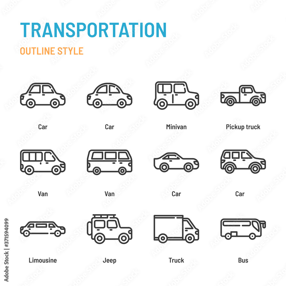 Transportation in outline icon and symbol set