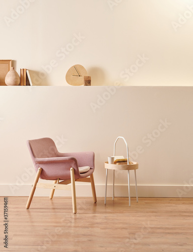 Decorative wall and background style, wooden chair and book style, vase of plant and home.
