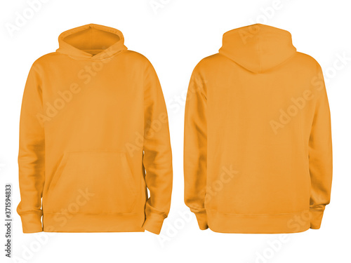 Men's orange blank hoodie template,from two sides, natural shape on invisible mannequin, for your design mockup for print, isolated on white background