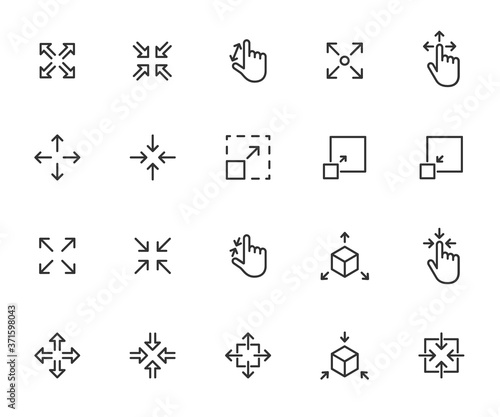 Vector set of scaling line icons. Contains icons resize, increase, decrease, scalability and more. Pixel perfect. photo