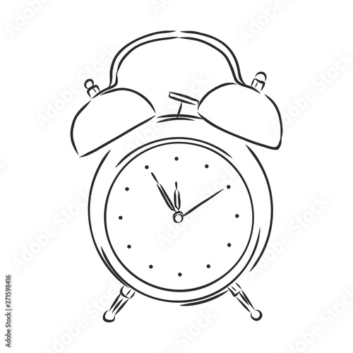 Alarm clock illustration, drawing, engraving, ink, line art