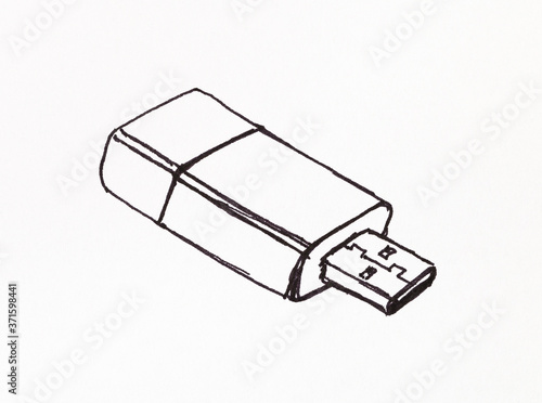 usb flash drive hand-drawn by black marker pen on white paper