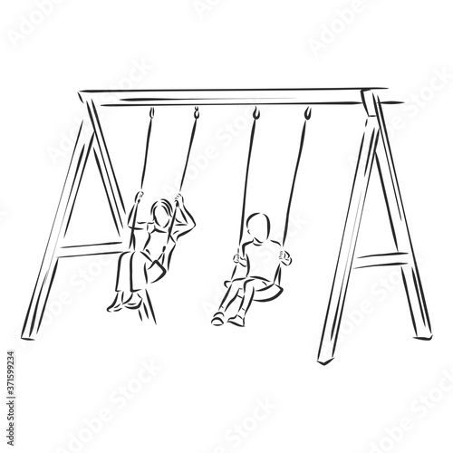 kid on a swing vector sketch illustration. swing sign