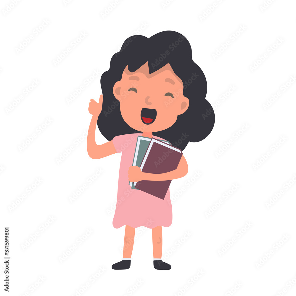 Girl with books waves. A satisfied schoolgirl. Suitable for design at school or on vacation. Isolated. Vector. Girl with books waves. A satisfied schoolgirl. Suitable for design at school or on vacation. Isolated. Vector.