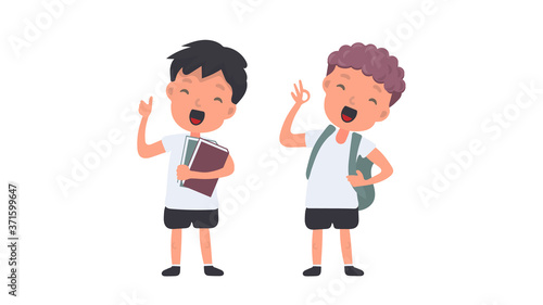 Set of happy schoolchildren. The teenagers are happy. Suitable for school or vacation design. Isolated. Vector.