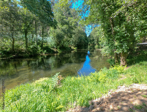 The Neiva River flowing gently through woodland landscape at Alvaraes in Viana do Castelo, Portugal. photo