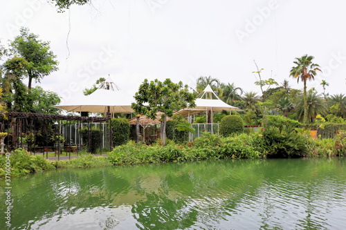 Tropical park design, fountain and pond with waterfall