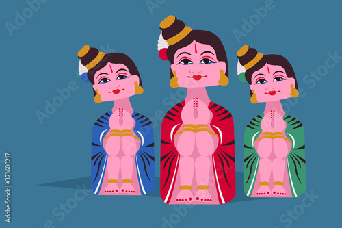 Illustration of three Indian women in Tanjore dolls style.