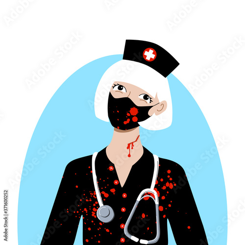 Cute blonde young woman in bloody nurse halloween party costume. Hat with a cross stethoscope robe and mask with blood stains. Social media avatar. Stock vector flat illustration isolated on white.