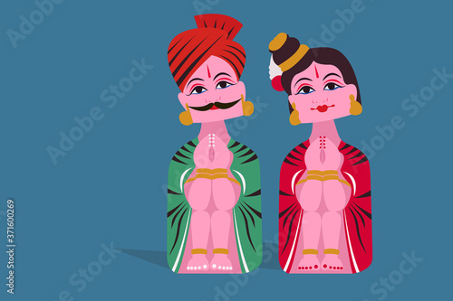 Illustration of an Indinan Man and Woman in Tanjore dolls style