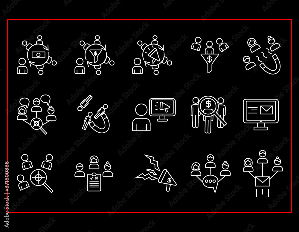 lead generation line glyph icons set,customer acquisition, customer search, sales funnel,income,people