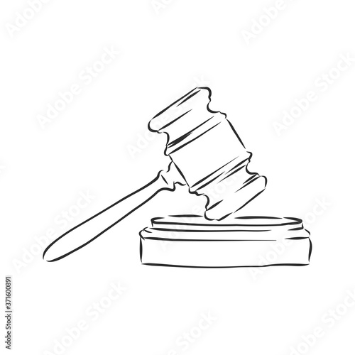 black and white line art, sketch hammer judge. vector illustration