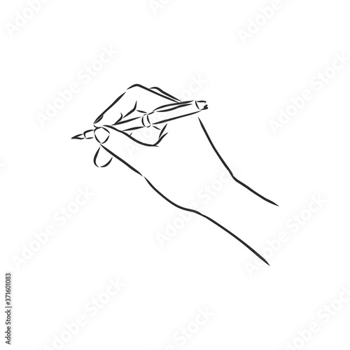 Simple line drawing of hand holding a pen. vector sketch