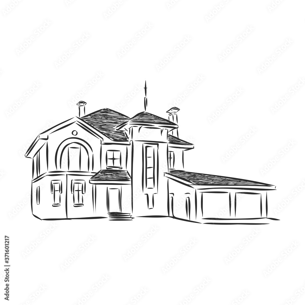 building hand drawing, house vector sketch illustration, architecture