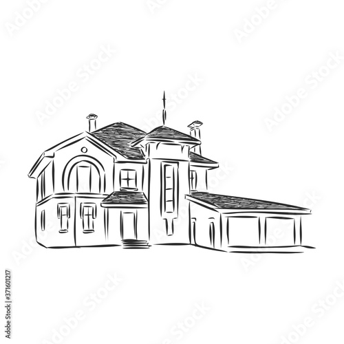 building hand drawing, house vector sketch illustration, architecture