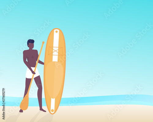 Man with sup board and paddle, vector illustration