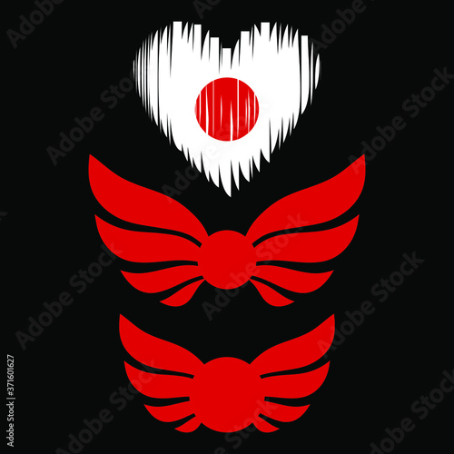 Japan flag heart red sun wings logo icon sign symbol emblem Hand drawn Modern cartoon design style Fashion print clothes apparel greeting invitation card picture banner poster badge flyer cover font