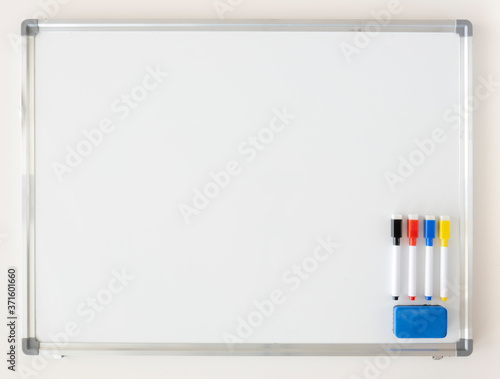 White board mockup with colored markers. Copy space for business schemes and charts
