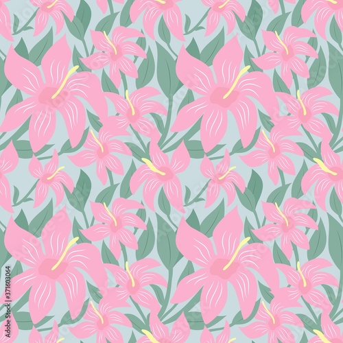 Seamless floral pattern. Pink flowers, sun. Flat design.