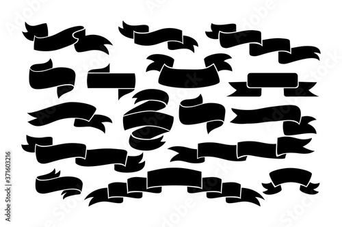 Set of ribbon banner. Black color. Isolated on white background. For graphic design, element for card.
