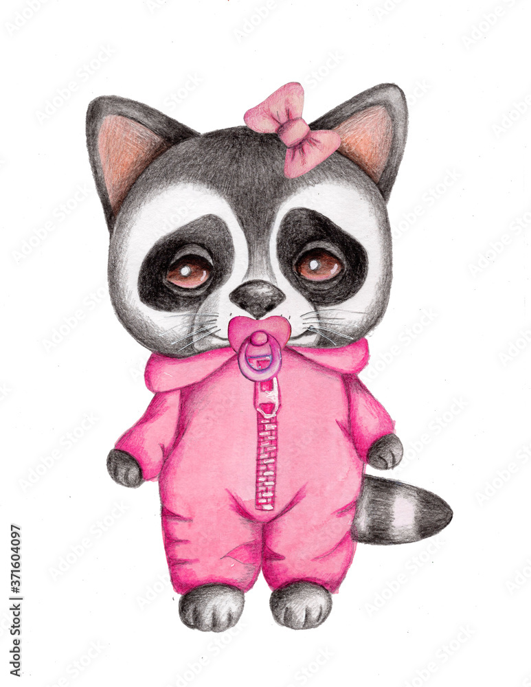 Cute cartoon little raccoon in pink with dummy. Watercolor hand drawn illustration, isolated on white.