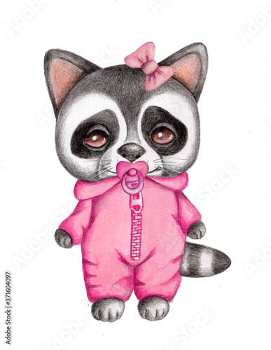 Cute cartoon little raccoon in pink with dummy. Watercolor hand drawn illustration, isolated on white. © Yelena