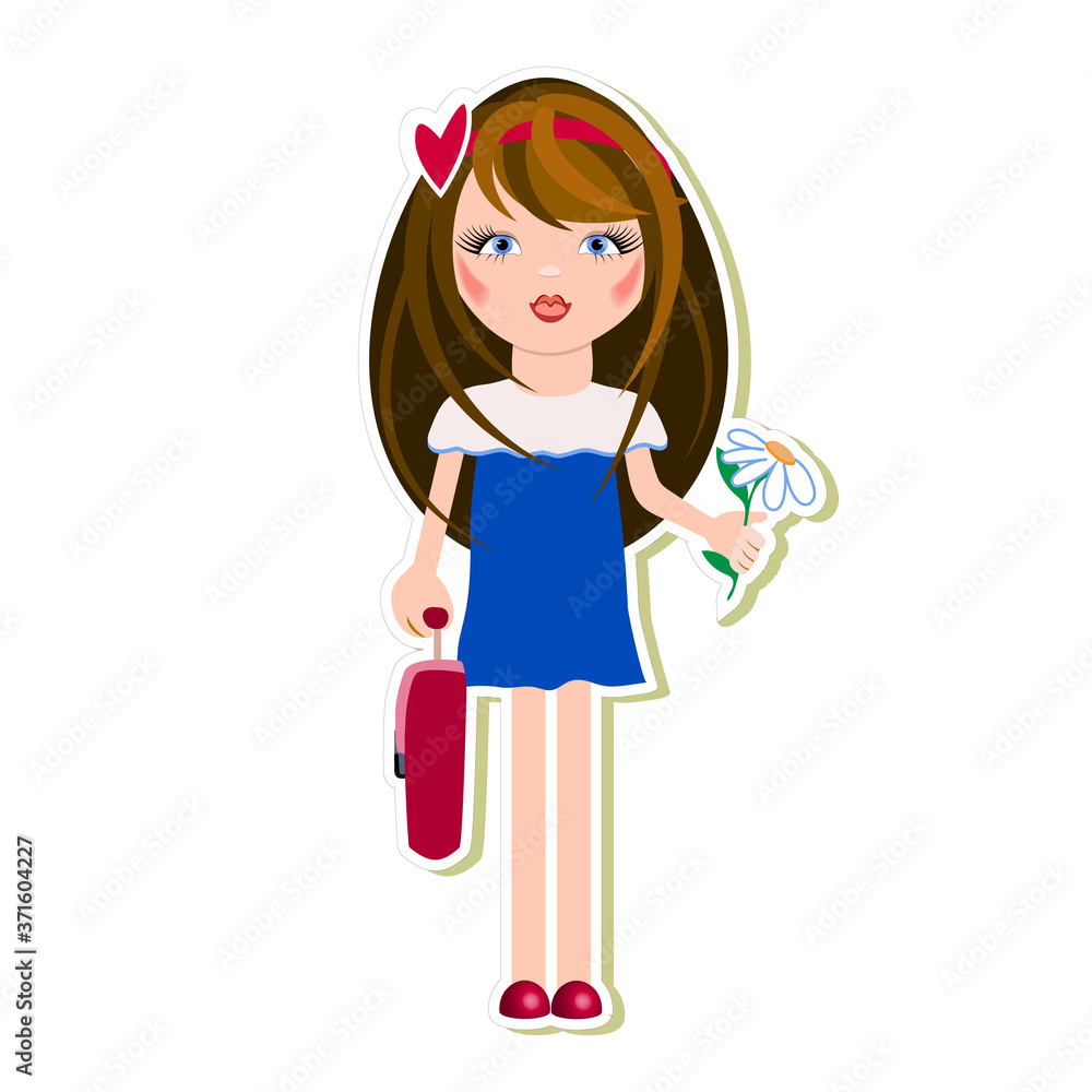 Vector children's sticker of a cartoon little black-haired girl in a blue dress with a briefcase and camomile in her hands. Concept of soon to school, first grader. Isolated on white background Vector children's sticker of a cartoon little black-haired girl in a blue dress with a briefcase and camomile in her hands. Concept of soon to school, first grader. Isolated on white background