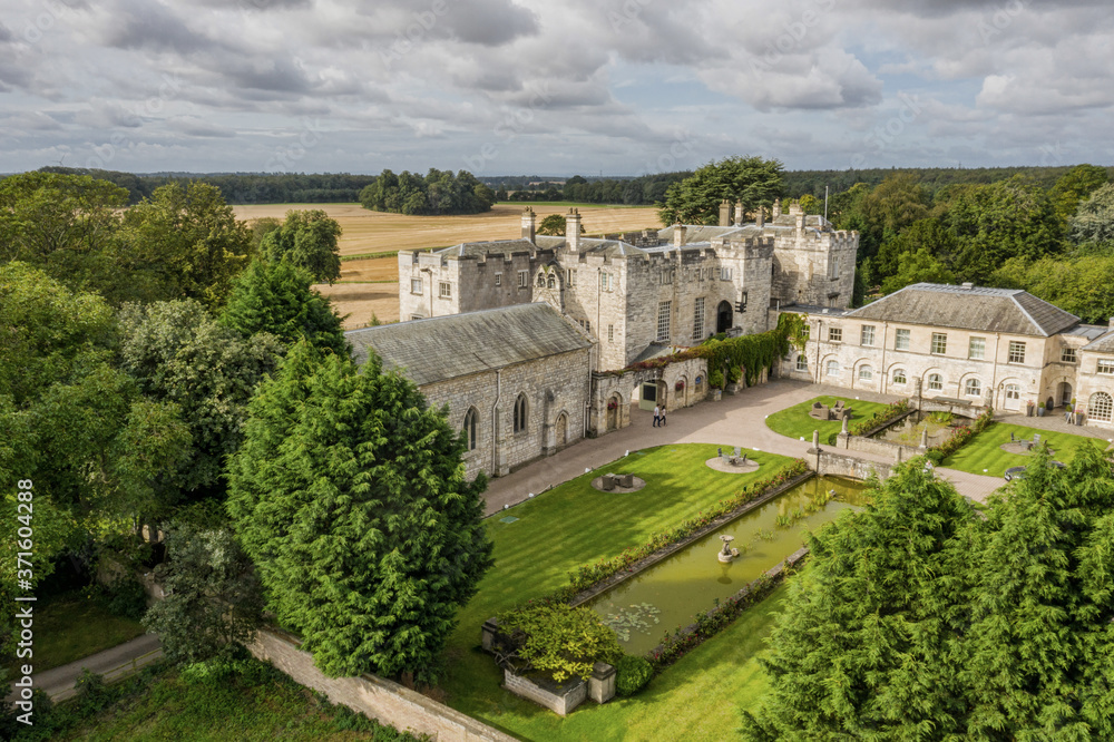 Hazlewood Castle, North Yorkshire historic Castle, chapel and hotel. Drone photograph in the summer. 