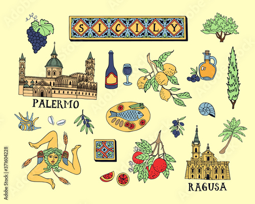 Illustrated set of cultural elements of the Italian island of Sicily. Hand-drawn landmarks. Souvenirs