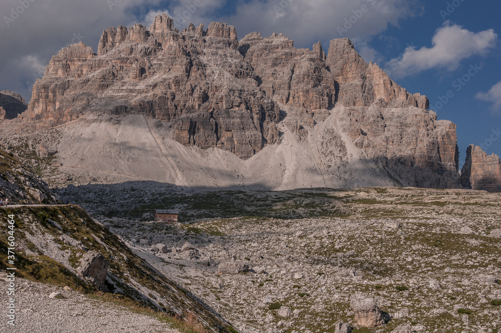 Croda di Passaporto mountain  as seen from the trail to Lavaredo refige, Paterno mountain group, Sesto Dolomites, South Tirol, Italy.
