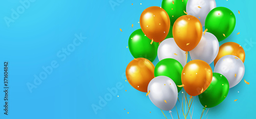 Greeting design in green, orange and white colors with 3d realistic flying balloons on blue background. Celebration, festival backdrop. Banner or poster with white, orange and green helium balloons