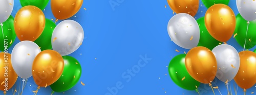 Greeting design in green, orange and white colors with 3d realistic flying balloons on blue background. Celebration, festival backdrop. Banner or poster with white, orange and green helium balloons