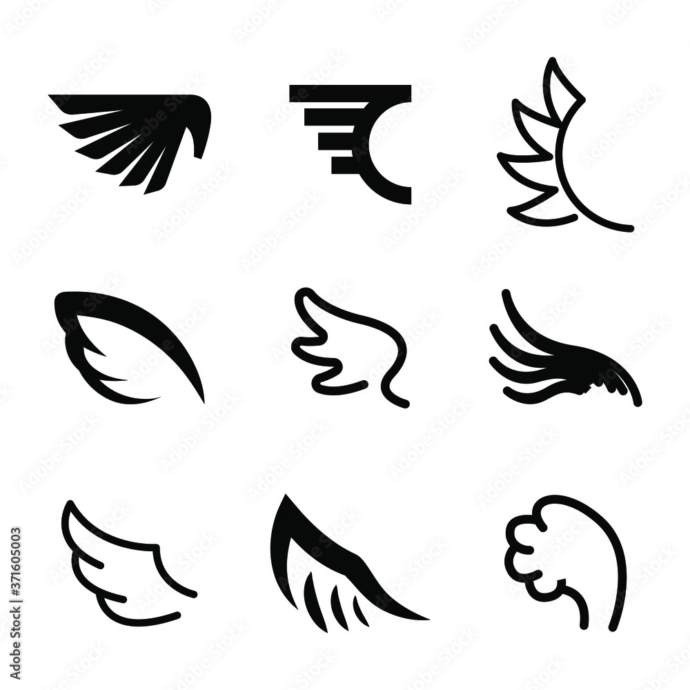 Set Black Line Flat Collection Wings Vector Icon Feather Design Style Decoration Sketch Cartoon Set Black Line Flat Collection Wings Vector Icon Feather Design Style Decoration Sketch Cartoon