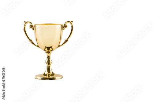 Brass steel trophy, dual handle neo-classic, isolated on white. Trophy is a tangible, durable reminder of a specific achievement, serves as recognition / evidence of merit, awarded for success people