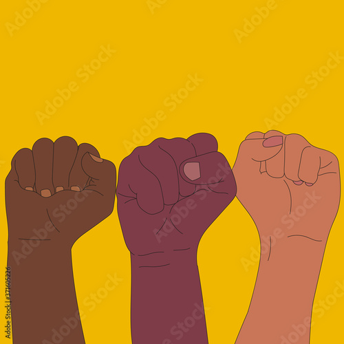 Vector Illustration. Black lives matter blm Black group protest hands together. Campaign against racial discrimination of dark skin color. 