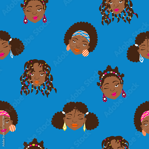 Fototapeta African American women faces with different coiffures seamless pattern in vibran
