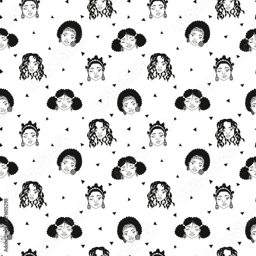 Afro American beautiful women with different coiffures seamless pattern in black and white. Colored page background. Linear illustration