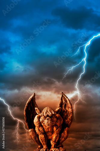 Valokuvatapetti gargoyle statue over  stormy sky with lightings like fantasy, demon, mythic conc