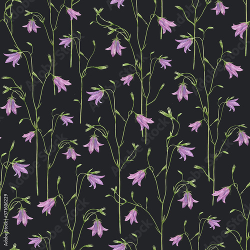 Seamless fabulous floral pattern for fabric, wrapping paper, wallpaper, design. Delicate lilac flowers bells on a dark background.