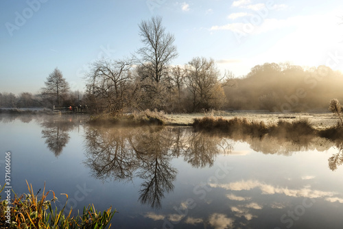 Morning mist and frost on the River Wey, Surrey, on a cold winter's morning