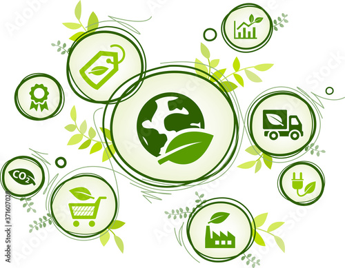 Sustainable business or green company vector illustration. Concept with connected icons related to environmental protection and eco sustainability in an organization.