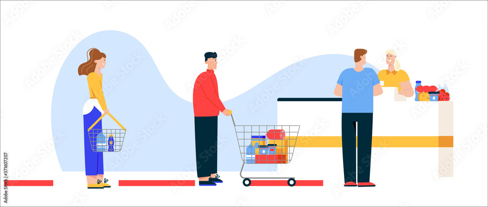 Men and women with shopping carts and baskets choosing and buying products at supermarket or grocery store Men and women with shopping carts and baskets choosing and buying products at supermarket or grocery store