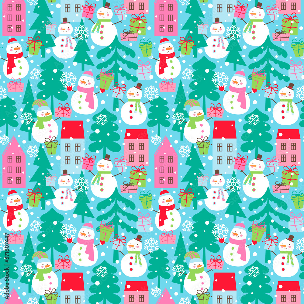Seamless vector pattern with snowmen, houses, trees and gift boxes.