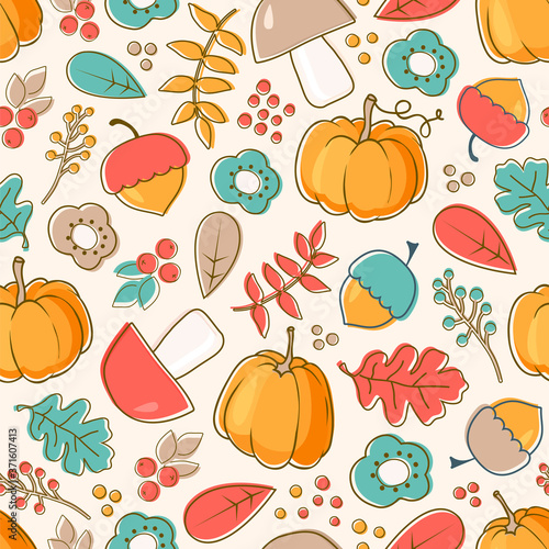 Autumn background. Seamless vector pattern with acorns, leaves, pumpkins, berries, mushrooms and autumn flowers.