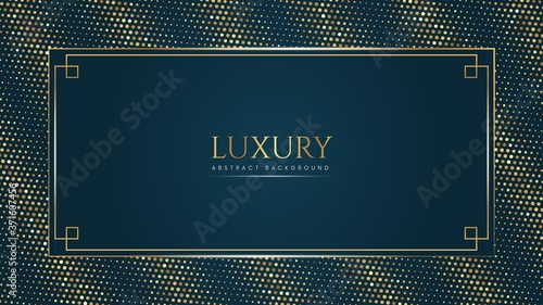 Abstract Blue Luxury Elegant Golden Frame Background with Halftone Effect Circles and Border