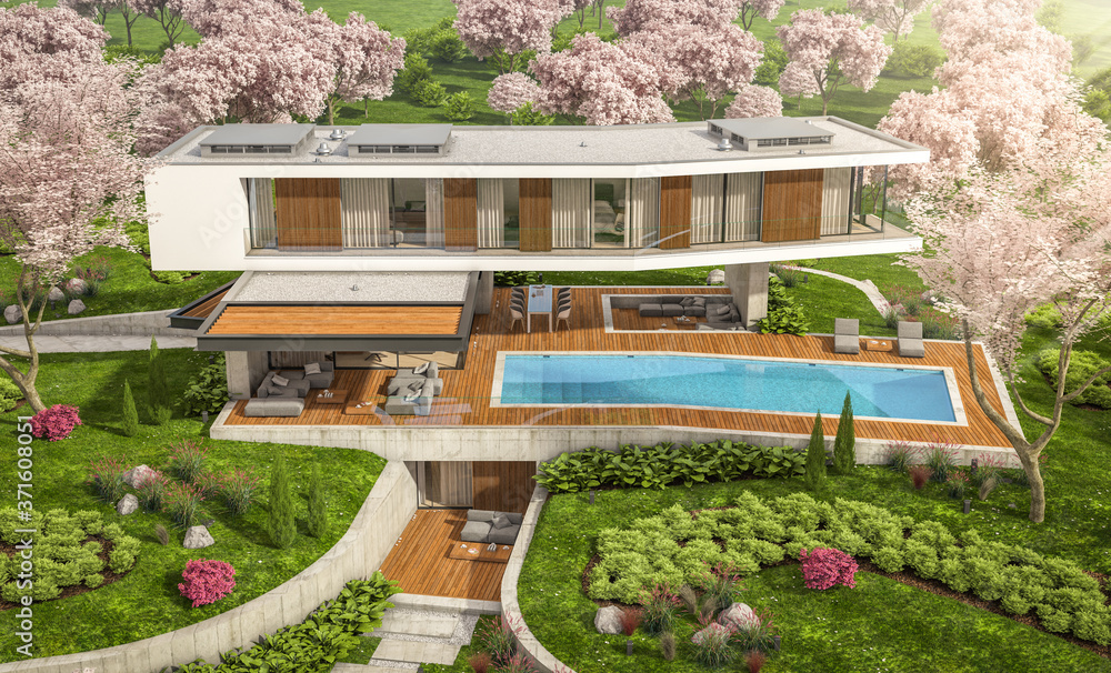 3d rendering of modern cozy house on the hill with garage and pool for sale or rent. Fresh spring day with a blooming trees with flowers of sakura on background.